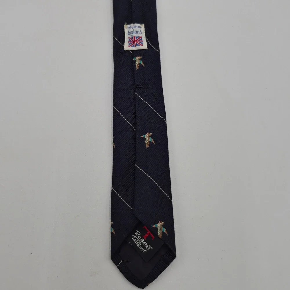 Roots Robert Talbott Mens Navy Blue Mallard Duck Pinstripe Silk Tie England